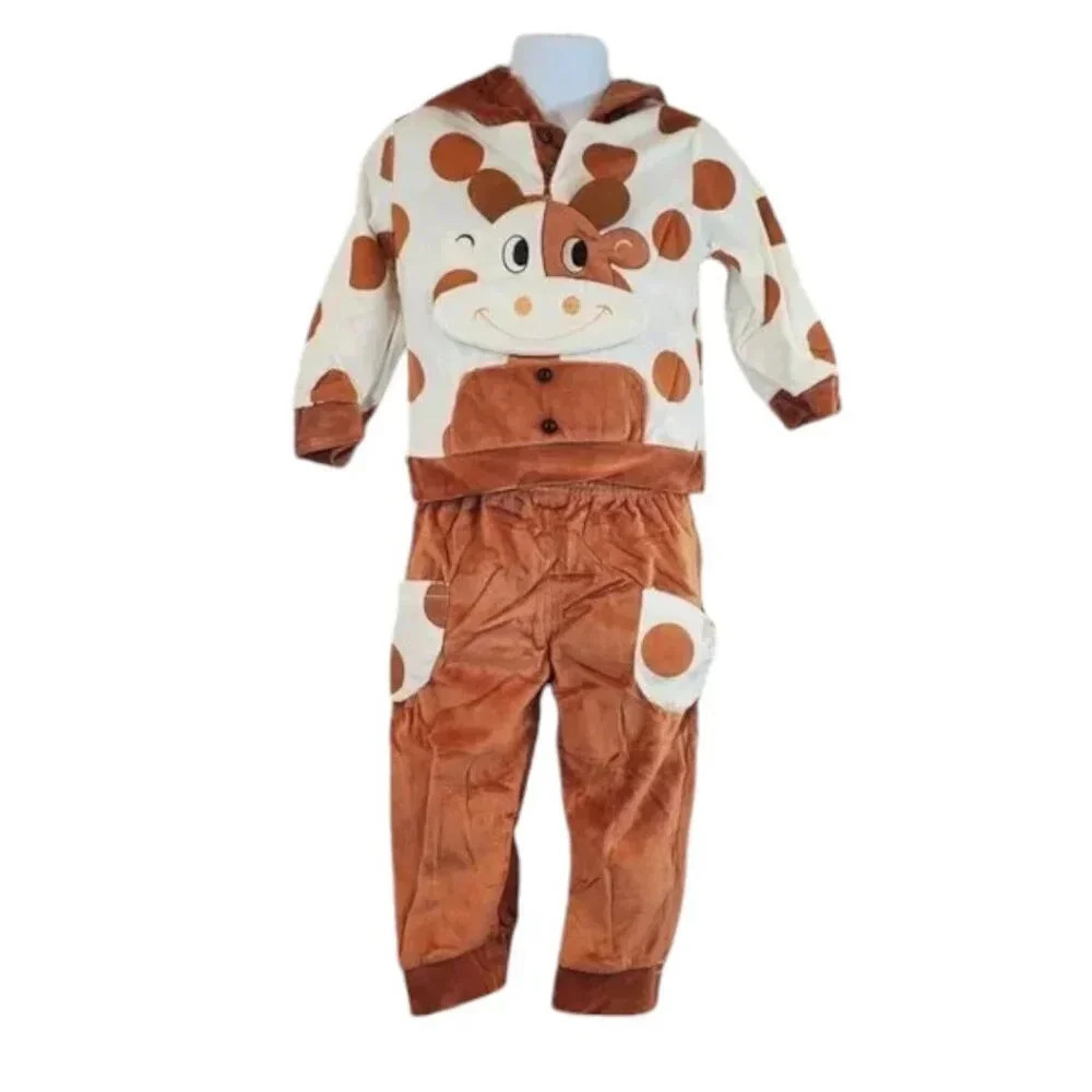 9-12M -Super Soft Brown and White Cow 2 piece Velvet with Hooded Ears Baby Set